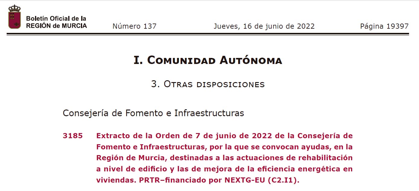 PUBLICADAS LAS AYUDAS A LA REHABILITACIN A NIVEL DE EDIFICIO Y MEJORA DE EFICIENCIA ENERGTICA EN VIVIENDAS EN LA REGIN DE MURCIA. P-3 Y P-4